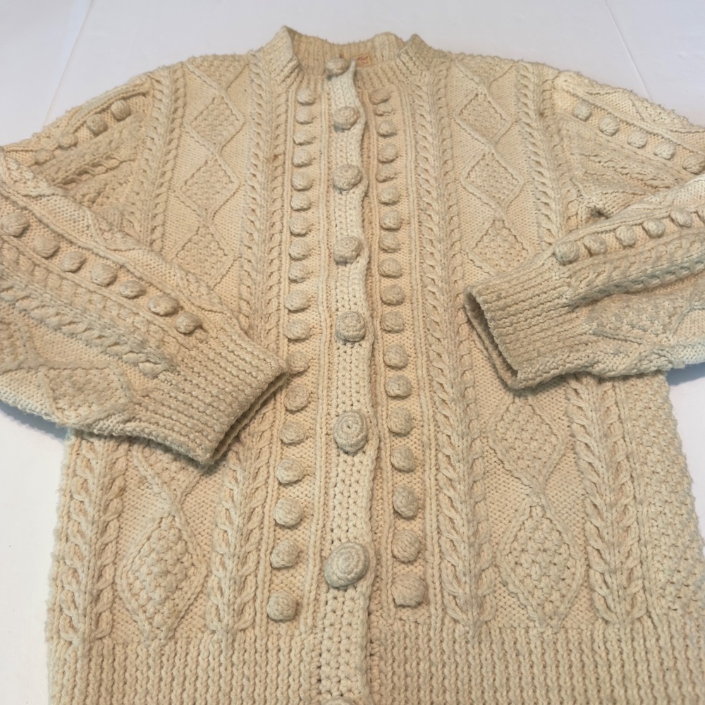 Theresa Farren Hand Knit Wool Aran Cardigan Cream Cable Bobble Fisherman Sweater - Picture 2 of 11